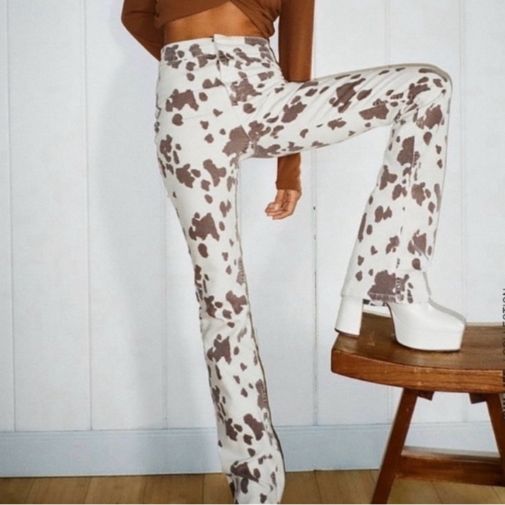 Zara Skinny Flare Cow Print Jeans Cream Brown Size 10
